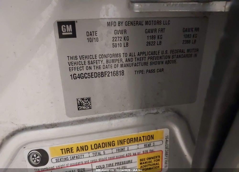 2011 BUICK LACROSSE CXL VIN: 1G4GC5ED8BF216818