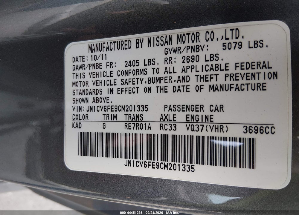 2012 INFINITI G37 VIN: JN1CV6FE9CM201335