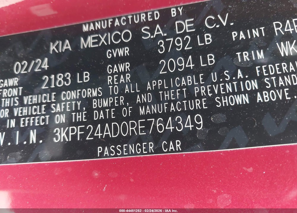 2024 KIA FORTE LXS VIN: 3KPF24AD0RE764349