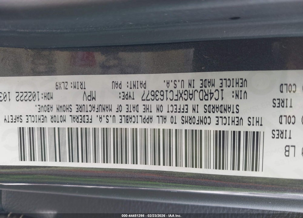 2015 DODGE DURANGO SXT VIN: 1C4RDJAGXFC163677