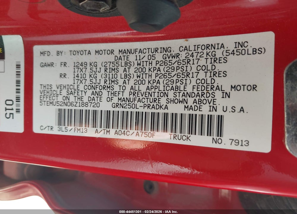 2006 TOYOTA TACOMA BASE V6 VIN: 5TEMU52N06Z188720