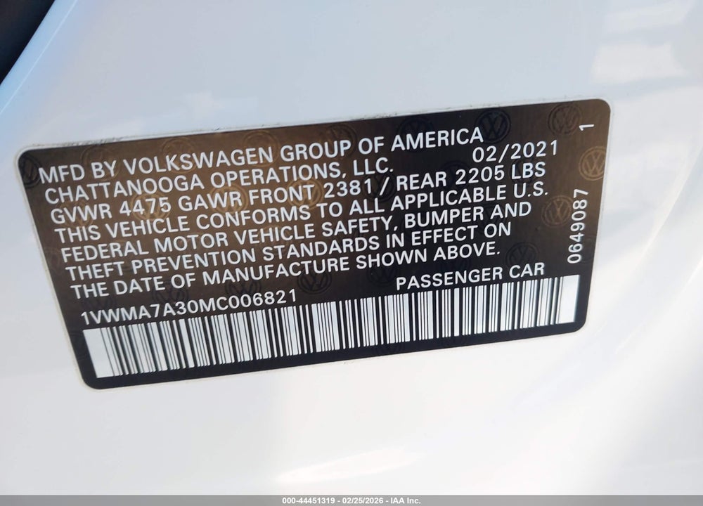 2021 VOLKSWAGEN PASSAT 2.0T R-LINE VIN: 1VWMA7A30MC006821