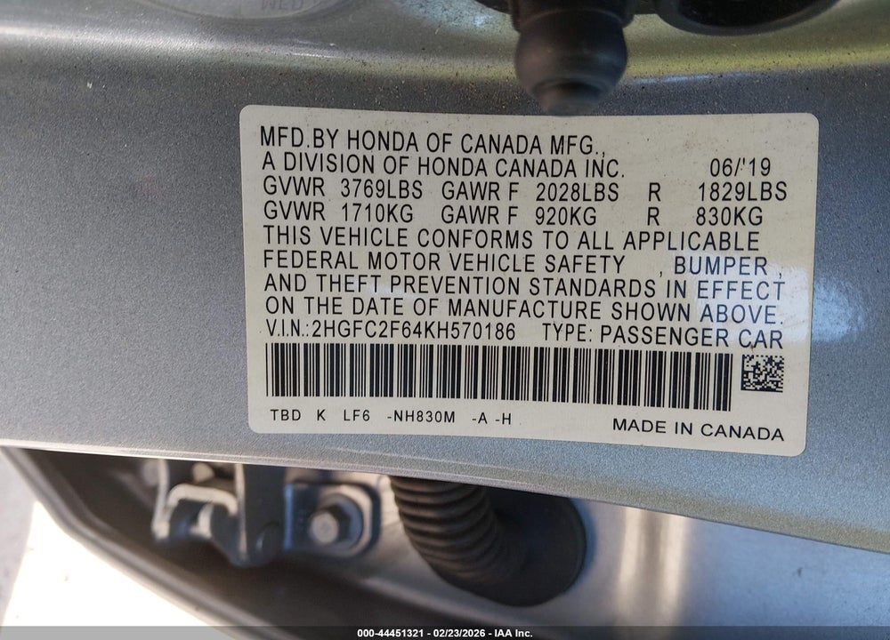 2019 HONDA CIVIC LX VIN: 2HGFC2F64KH570186