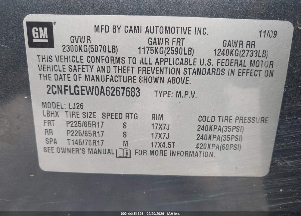 2010 CHEVROLET EQUINOX LTZ VIN: 2CNFLGEW0A6267683