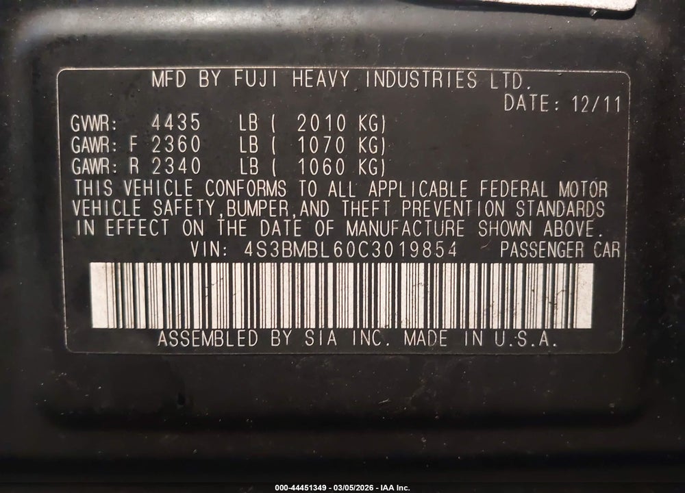 2012 SUBARU LEGACY 2.5I LIMITED VIN: 4S3BMBL60C3019854