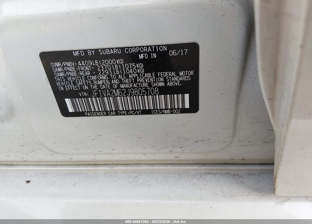 2018 SUBARU WRX STI VIN: JF1VA2M62J9805708