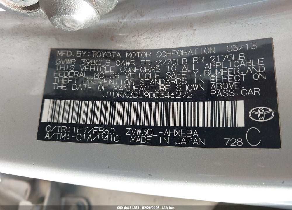 2013 TOYOTA PRIUS THREE VIN: JTDKN3DU9D0346272