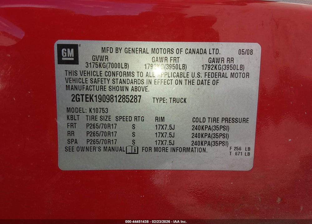 2008 GMC SIERRA 1500 SLE1 VIN: 2GTEK190981285287