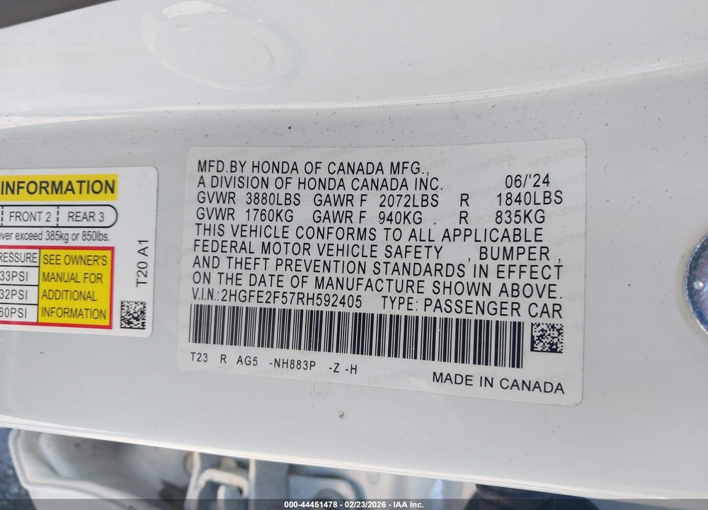 2024 HONDA CIVIC SPORT VIN: 2HGFE2F57RH592405