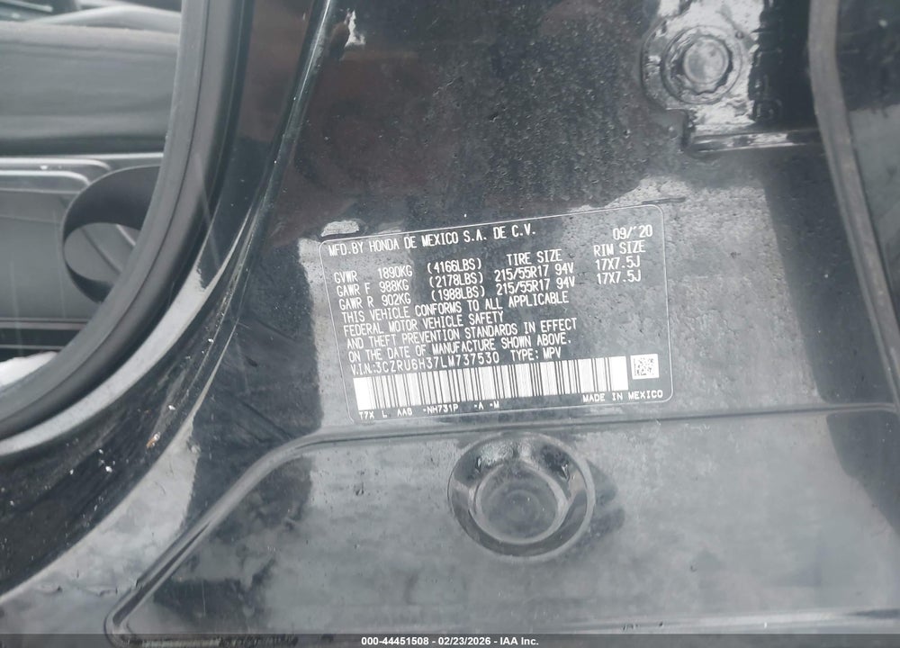 2020 HONDA HR-V AWD LX VIN: 3CZRU6H37LM737530