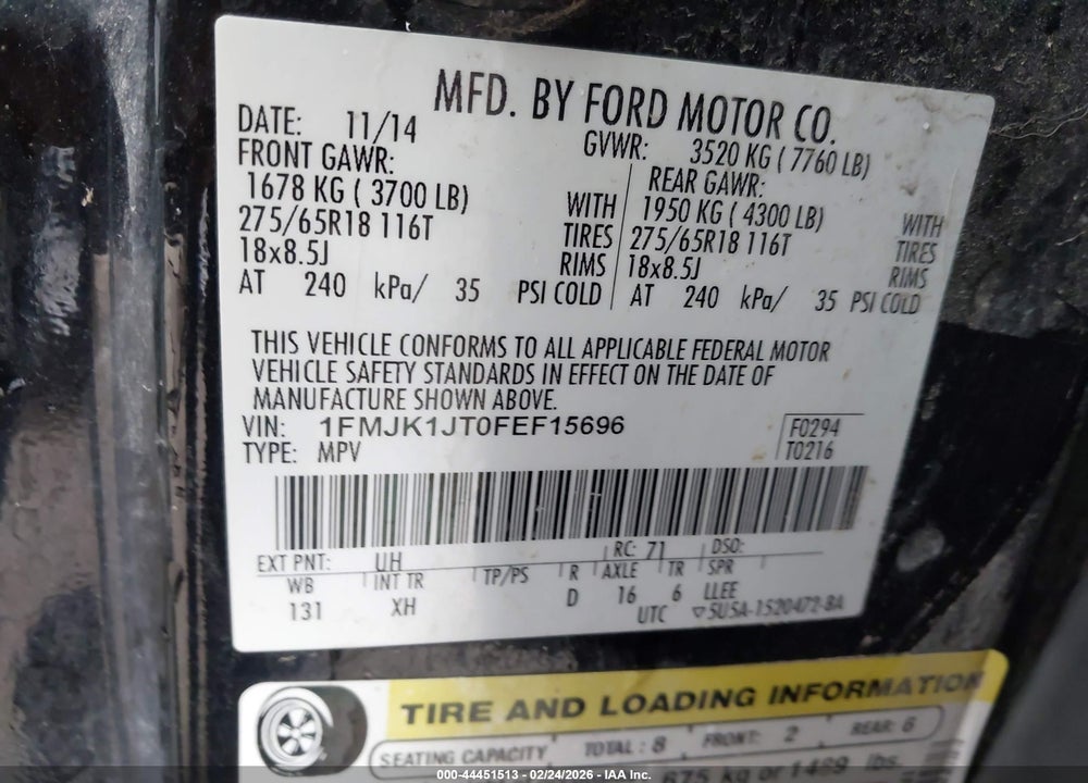 2015 FORD EXPEDITION EL XLT VIN: 1FMJK1JT0FEF15696
