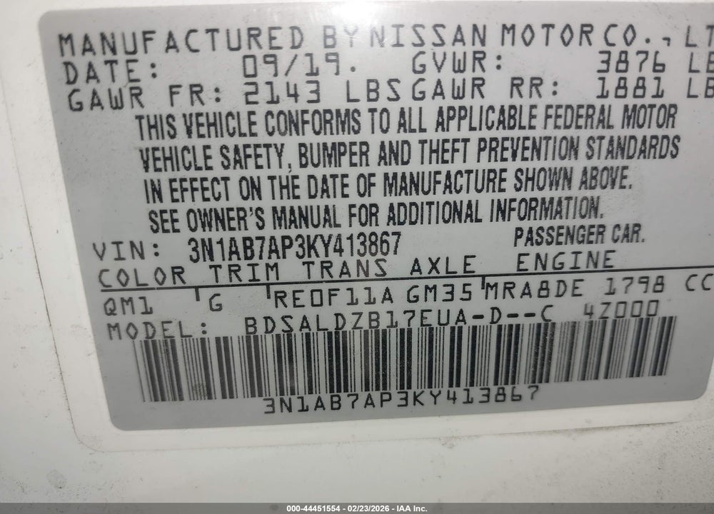 2019 NISSAN SENTRA SV VIN: 3N1AB7AP3KY413867