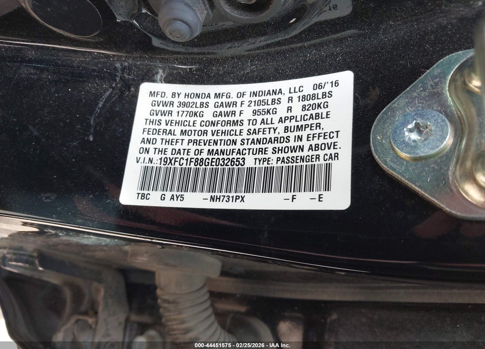 2016 HONDA CIVIC EX-L VIN: 19XFC1F88GE032653