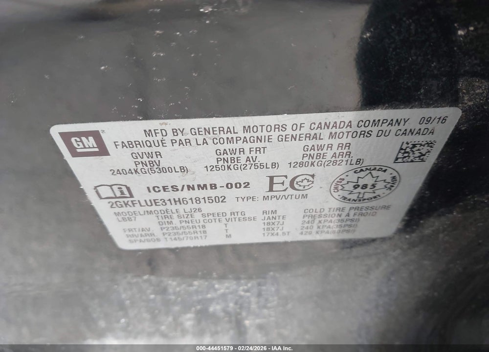 2017 GMC TERRAIN SLT VIN: 2GKFLUE31H6181502