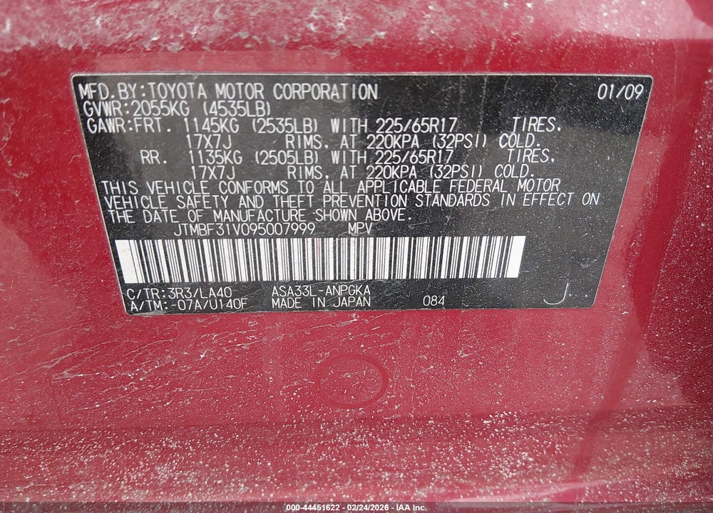 2009 TOYOTA RAV4 LIMITED VIN: JTMBF31V095007999