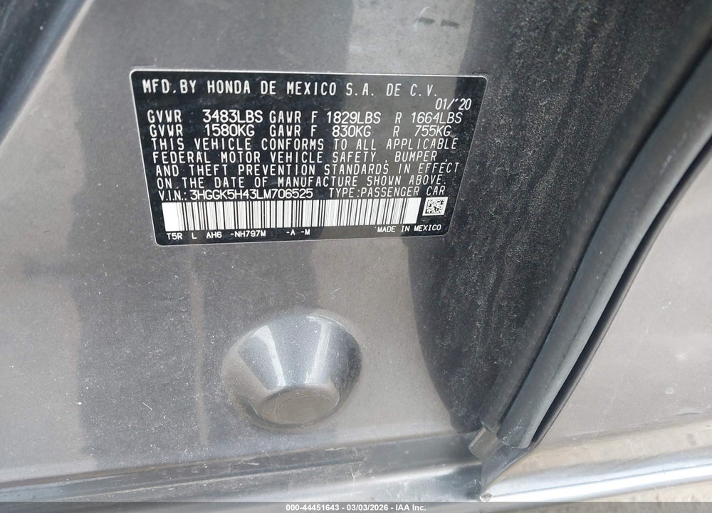 2020 HONDA FIT LX VIN: 3HGGK5H43LM706525