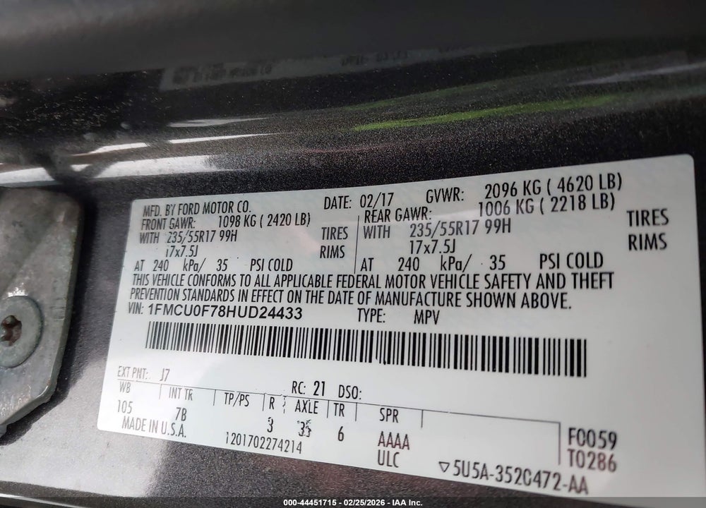 2017 FORD ESCAPE S VIN: 1FMCU0F78HUD24433