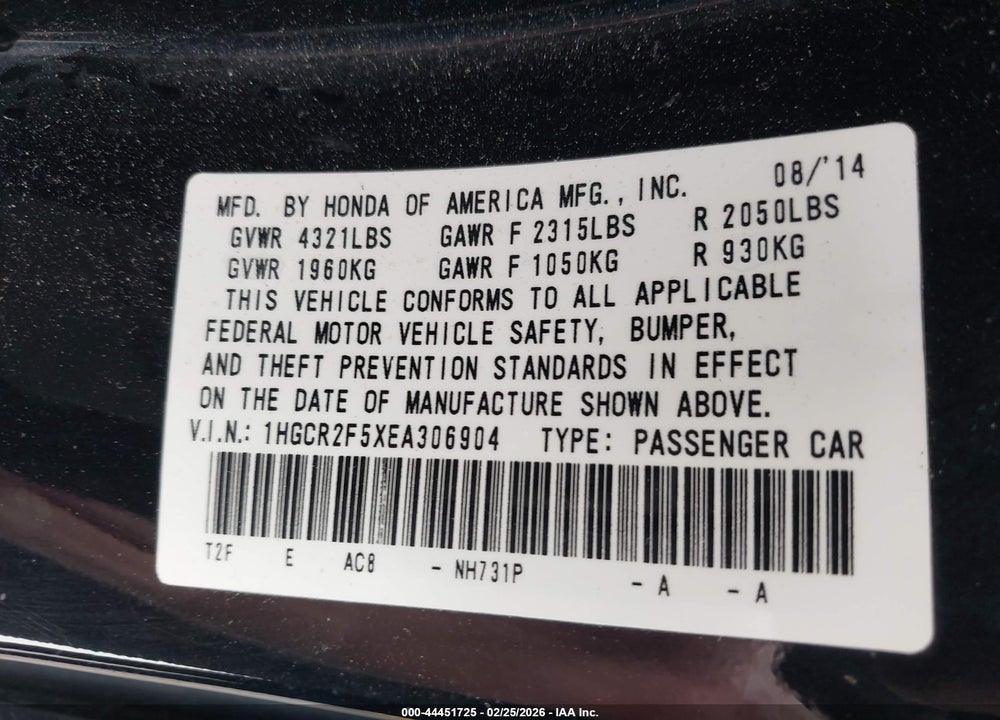 2014 HONDA ACCORD SPORT VIN: 1HGCR2F5XEA306904