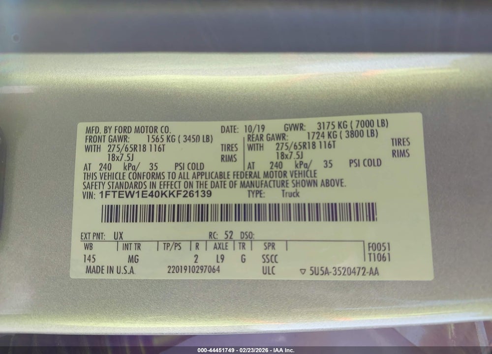 2019 FORD F-150 XLT VIN: 1FTEW1E40KKF26139