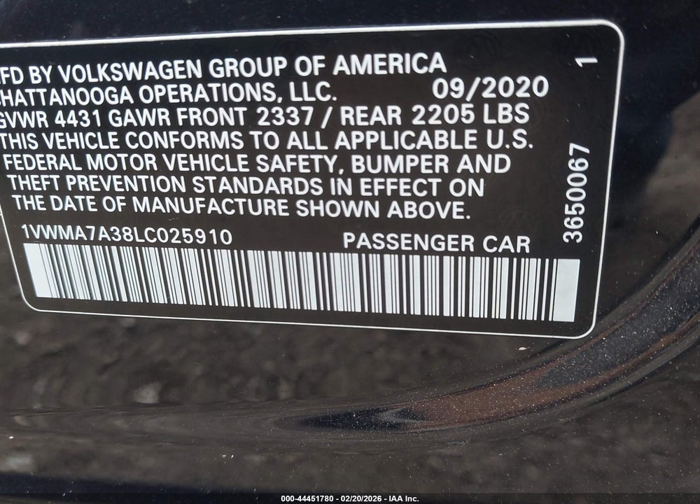 2020 VOLKSWAGEN PASSAT 2.0T R-LINE VIN: 1VWMA7A38LC025910