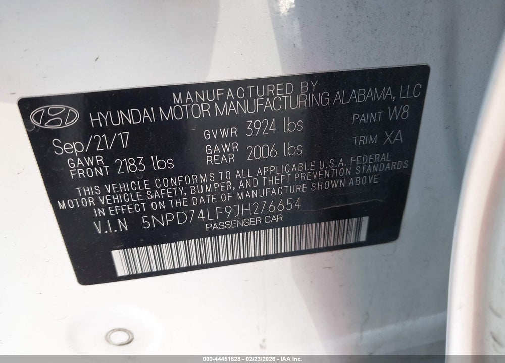 2018 HYUNDAI ELANTRA SE VIN: 5NPD74LF9JH276654