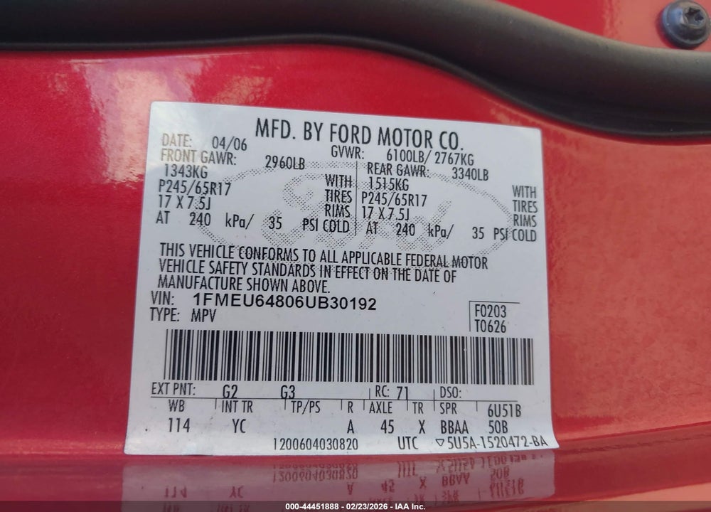 2006 FORD EXPLORER EDDIE BAUER VIN: 1FMEU64806UB30192