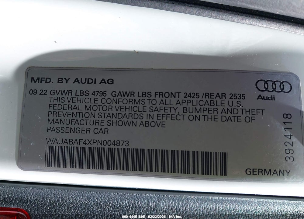 2023 AUDI A4 PREMIUM 40 TFSI QUATTRO S TRONIC VIN: WAUABAF4XPN004873