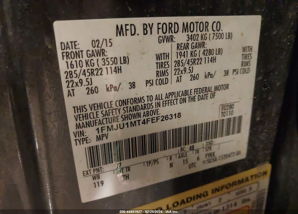 2015 FORD EXPEDITION PLATINUM VIN: 1FMJU1MT4FEF26318