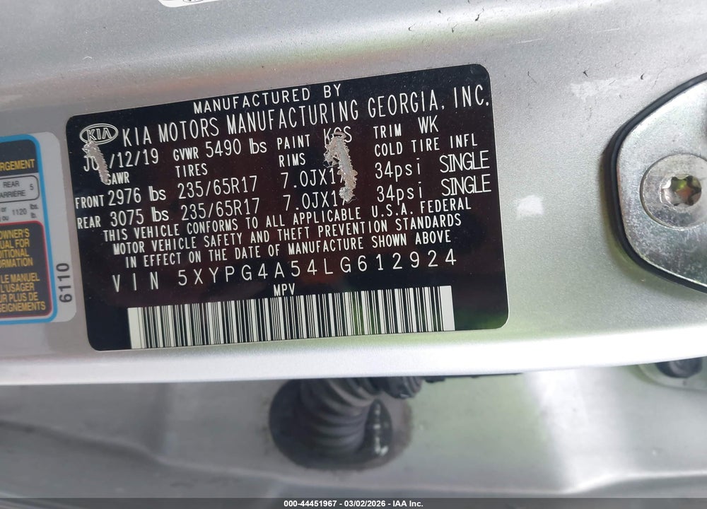 2020 KIA SORENTO 3.3L LX VIN: 5XYPG4A54LG612924