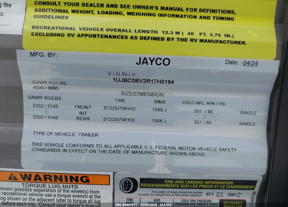 2024 OTHER JAYCO VIN: 1UJBC0BV2R17H0194