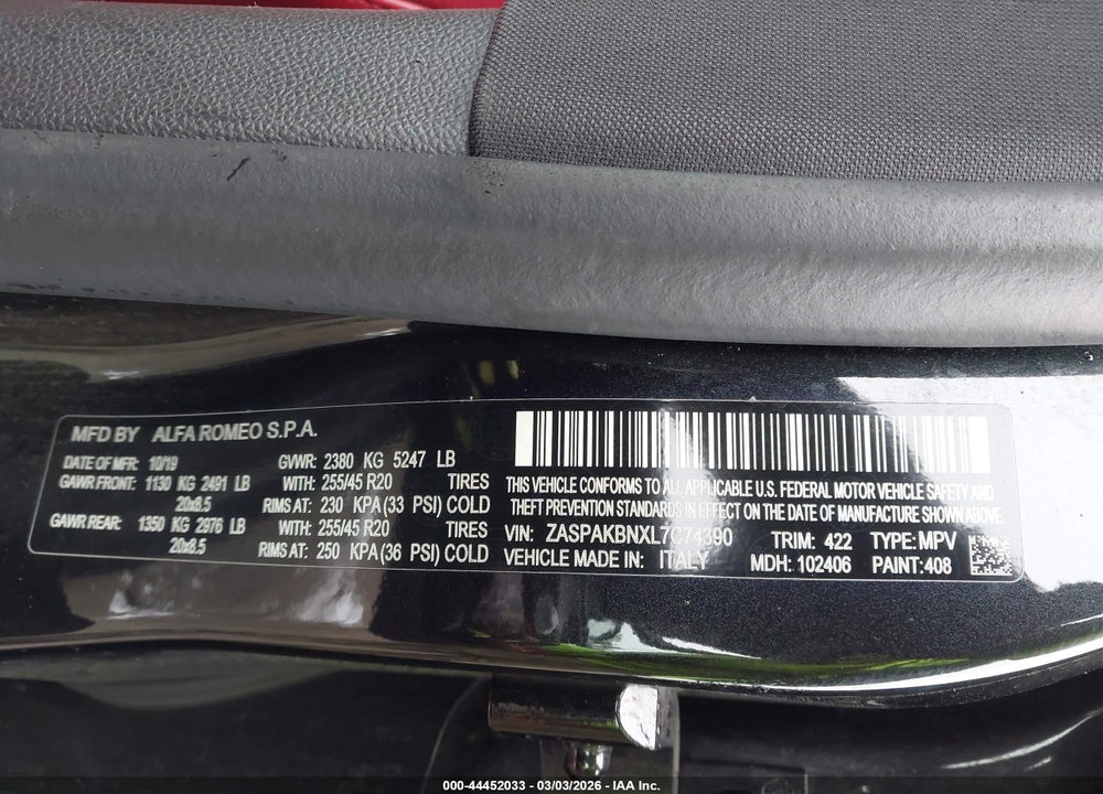 2020 ALFA ROMEO STELVIO TI SPORT AWD VIN: ZASPAKBNXL7C74390