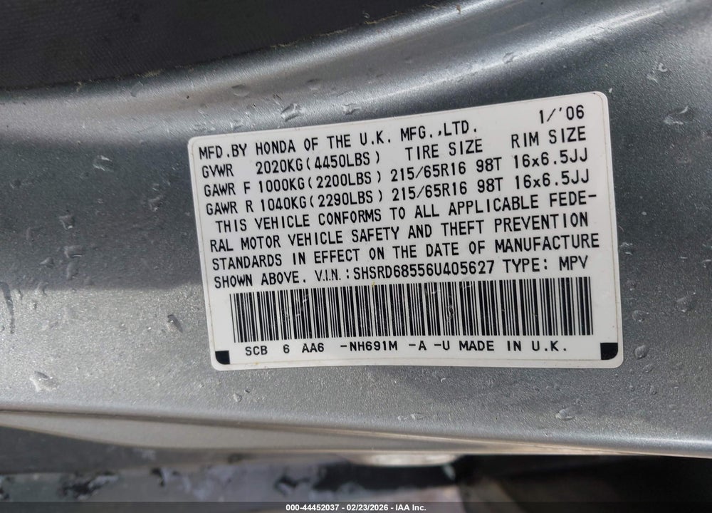 2006 HONDA CR-V LX VIN: SHSRD68556U405627