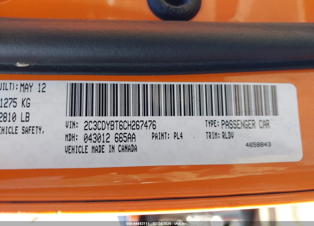 2012 DODGE CHALLENGER R/T VIN: 2C3CDYBT6CH267476
