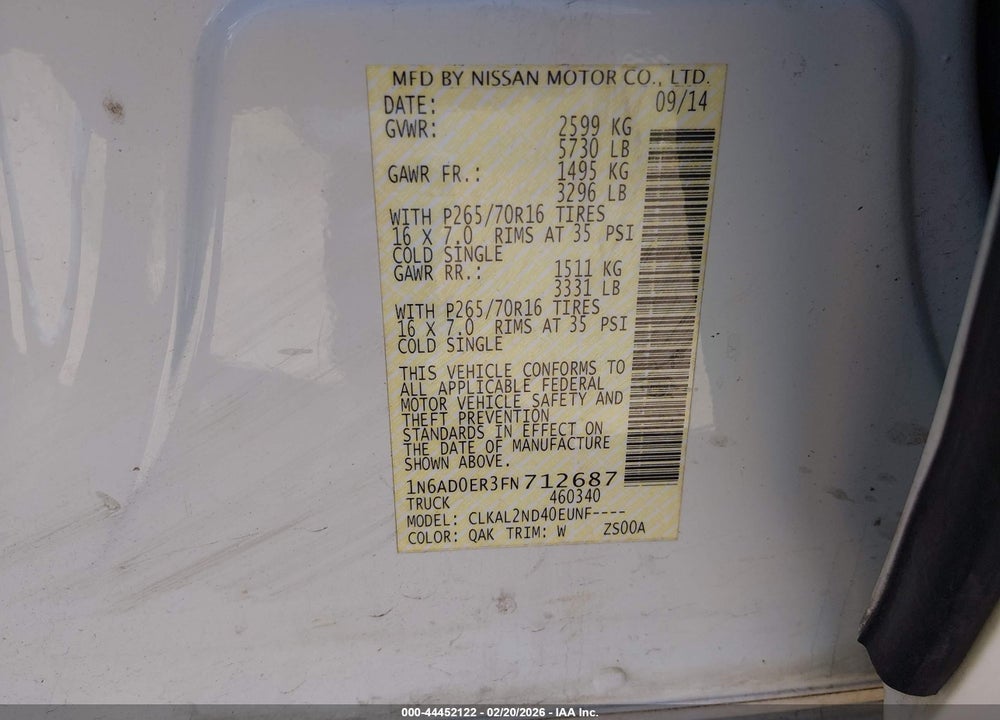 2015 NISSAN FRONTIER VIN: 1N6AD0ER3FN712687