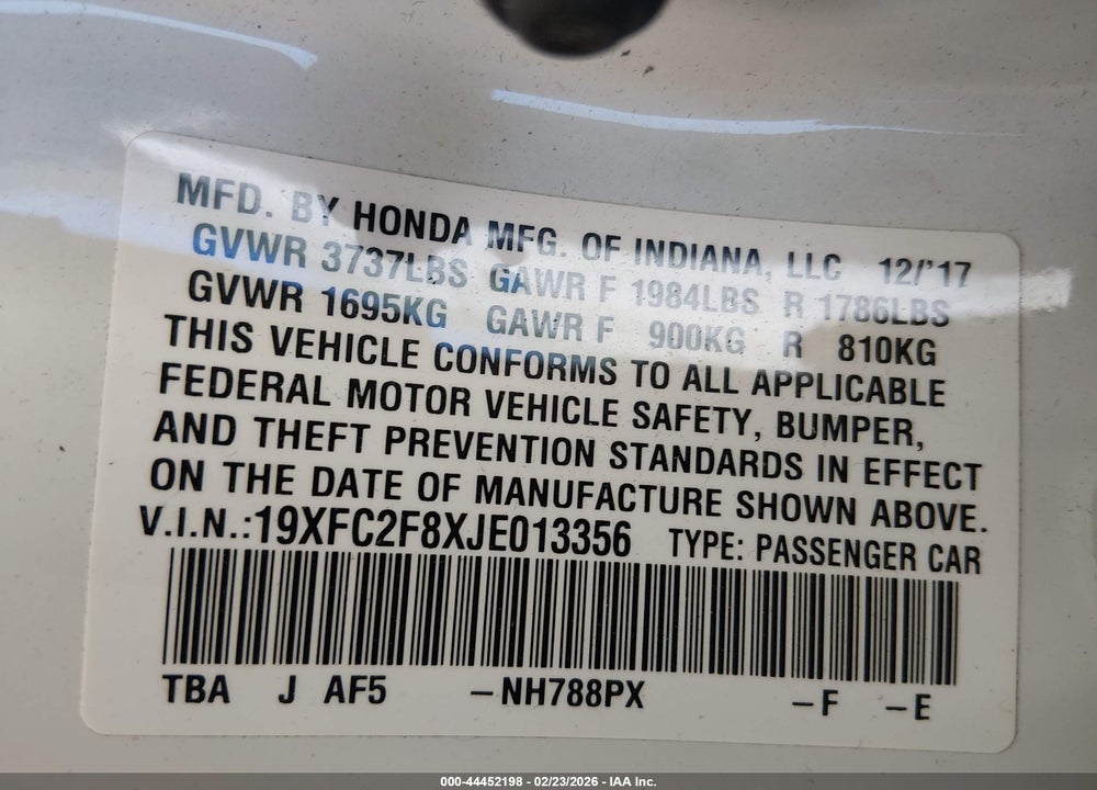 2018 HONDA CIVIC EX VIN: 19XFC2F8XJE013356