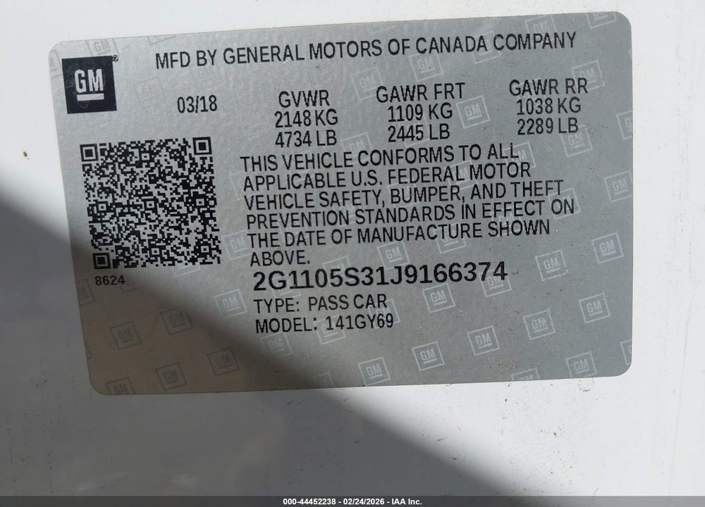 2018 CHEVROLET IMPALA 1LT VIN: 2G1105S31J9166374