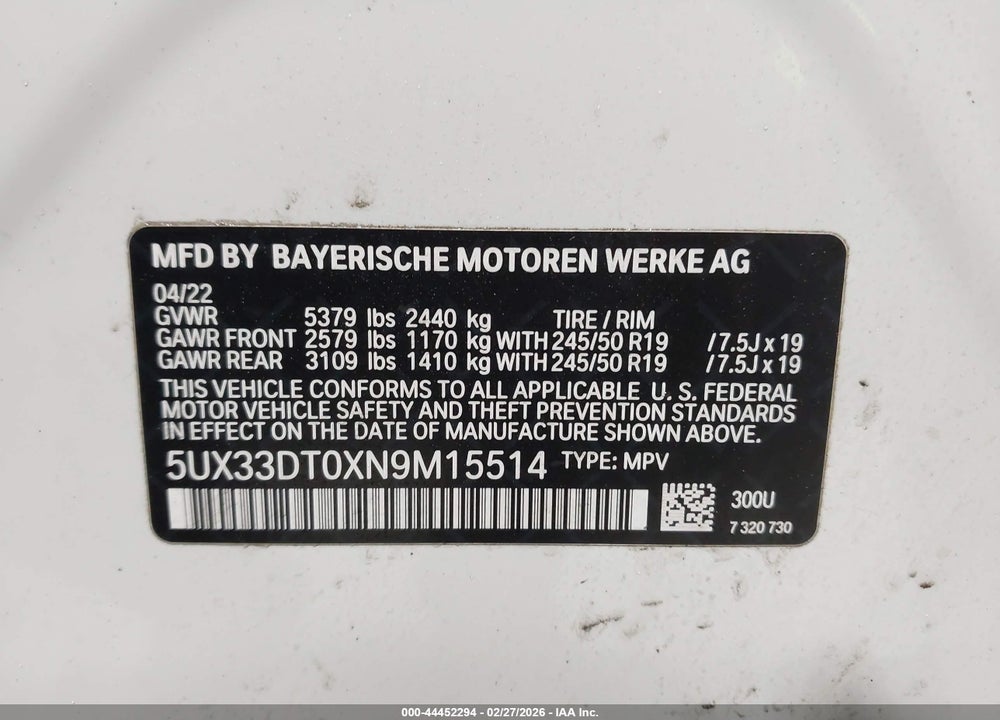 2022 BMW X4 XDRIVE30I VIN: 5UX33DT0XN9M15514