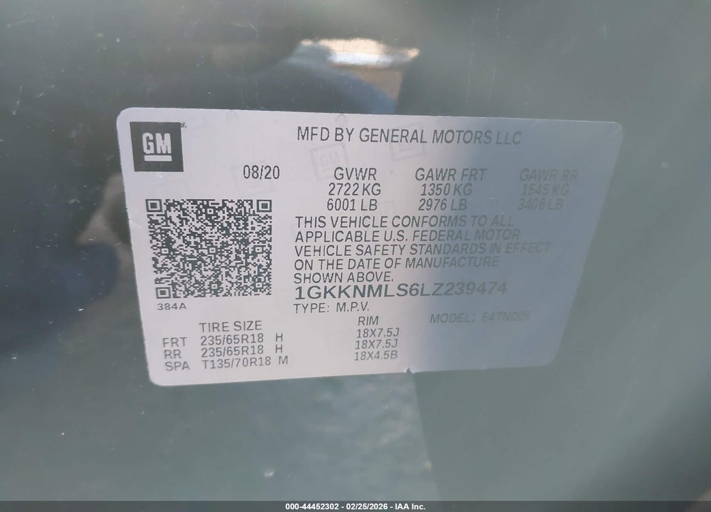 2020 GMC ACADIA FWD SLT VIN: 1GKKNMLS6LZ239474
