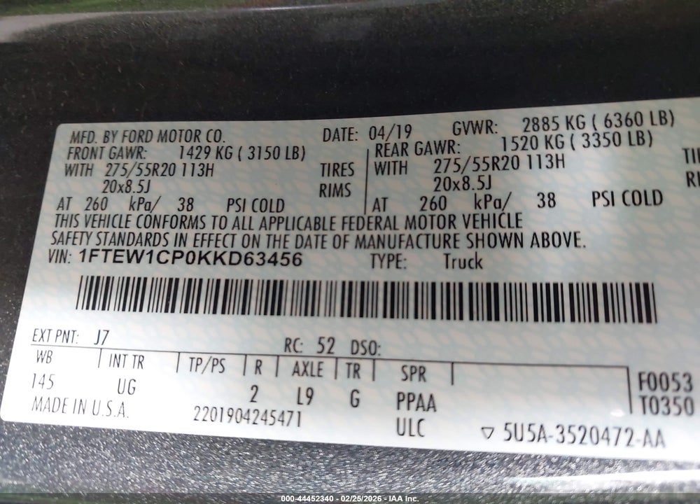 2019 FORD F-150 XLT VIN: 1FTEW1CP0KKD63456