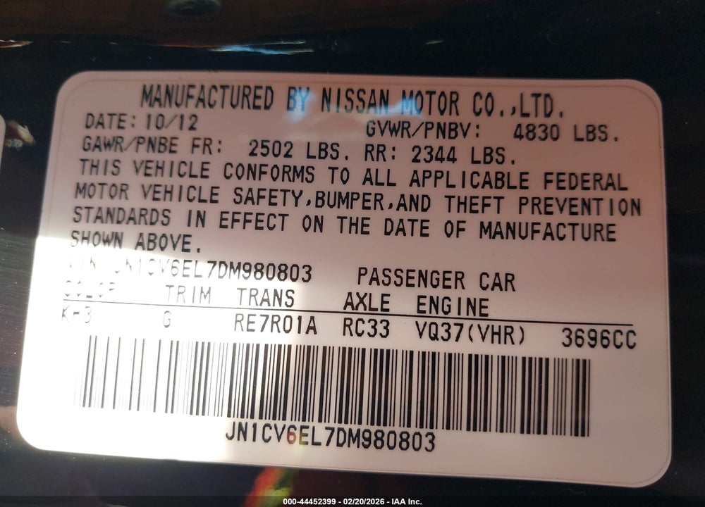 2013 INFINITI G37X VIN: JN1CV6EL7DM980803