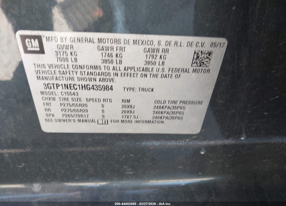 2017 GMC SIERRA 1500 SLT VIN: 3GTP1NEC1HG435984