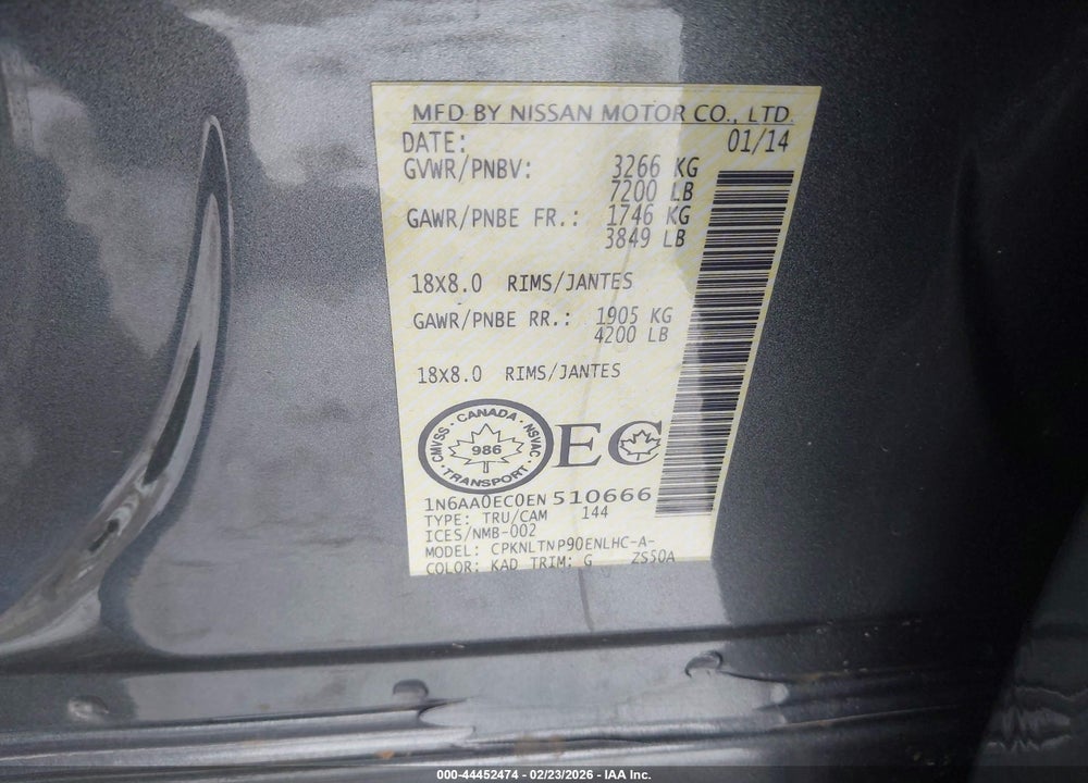2014 NISSAN TITAN PRO-4X/S/SL/SV VIN: 1N6AA0EC0EN510666