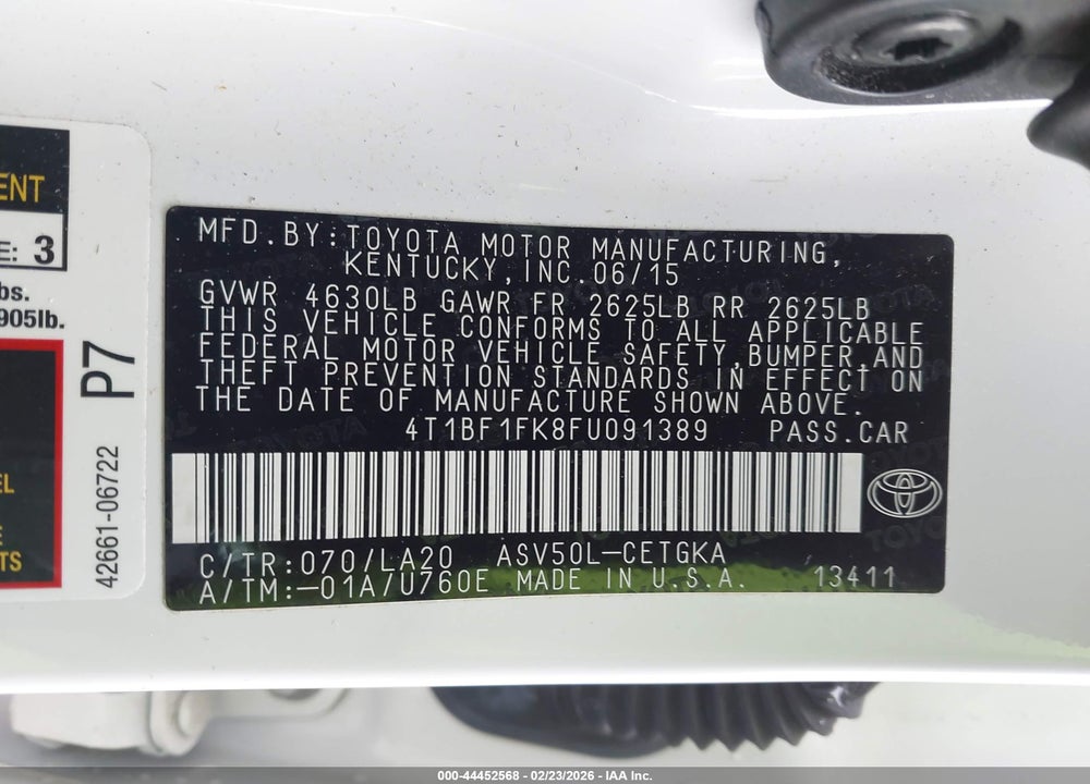 2015 TOYOTA CAMRY XLE VIN: 4T1BF1FK8FU091389