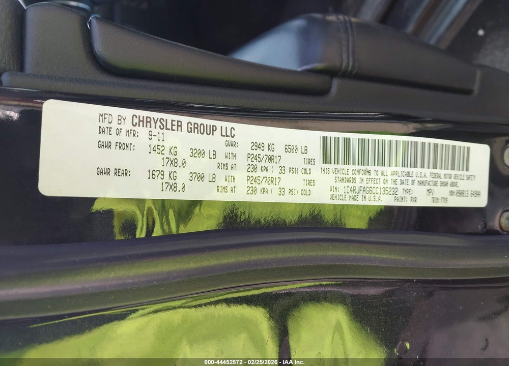 2012 JEEP GRAND CHEROKEE VIN: 1C4RJFAG6CC135232
