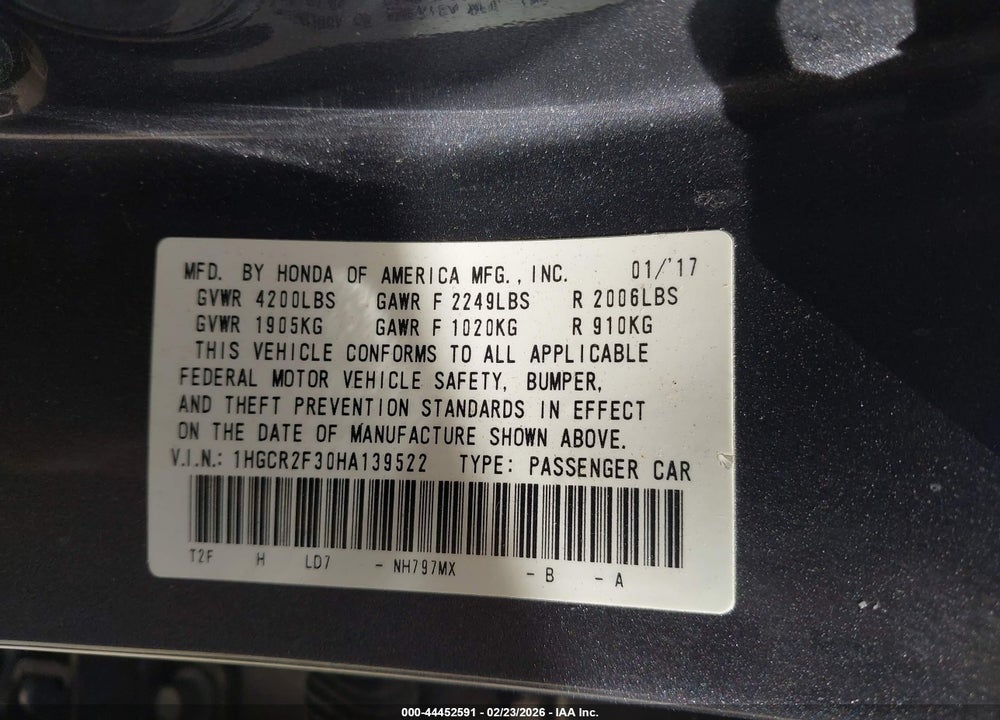 2017 HONDA ACCORD LX VIN: 1HGCR2F30HA139522