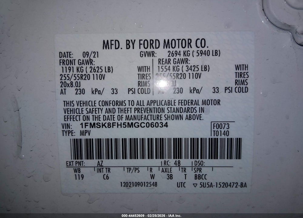 2021 FORD EXPLORER LIMITED VIN: 1FMSK8FH5MGC06034