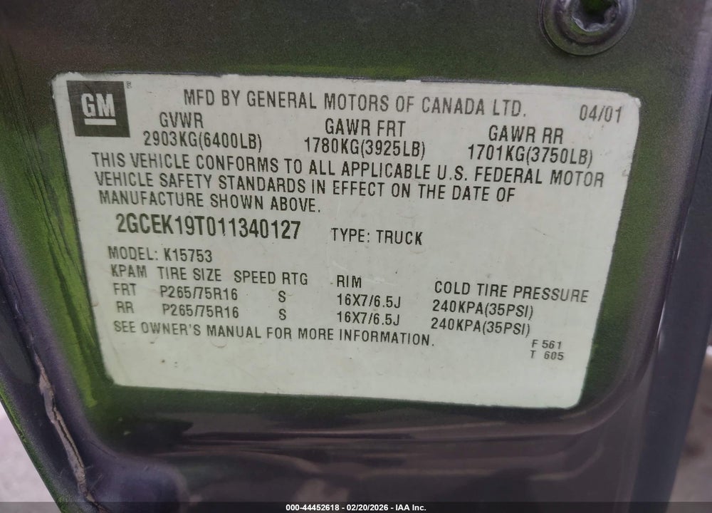 2001 CHEVROLET SILVERADO 1500 LS VIN: 2GCEK19T011340127