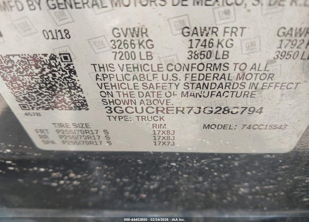 2018 CHEVROLET SILVERADO 1500 1LT VIN: 3GCUCRER7JG288794