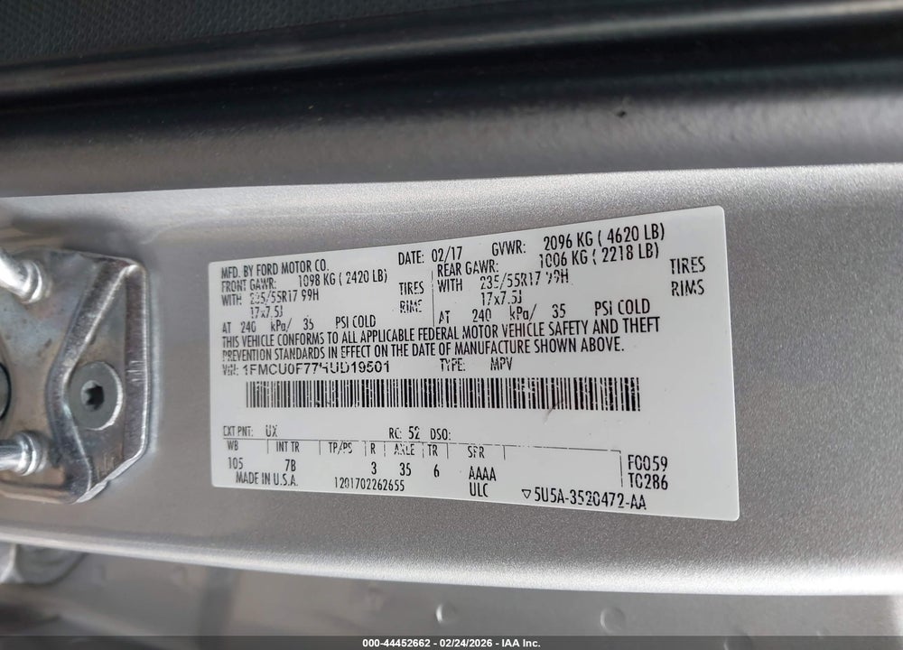 2017 FORD ESCAPE S VIN: 1FMCU0F77HUD19501