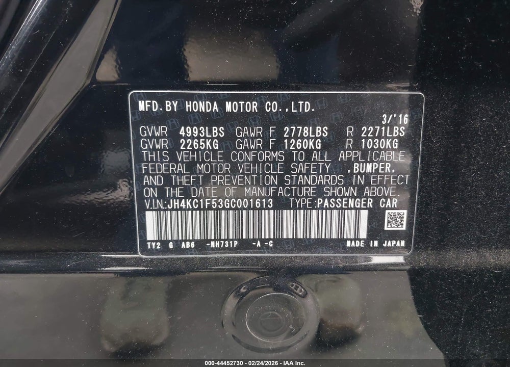 2016 ACURA RLX TECHNOLOGY PACKAGE VIN: JH4KC1F53GC001613